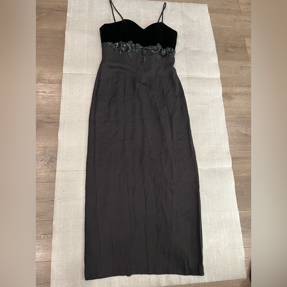 [11/12]VTG Les Robes Galleria Black Spaghetti Strap Maxi Back Slit pencil Dress - Picture 9 of 13